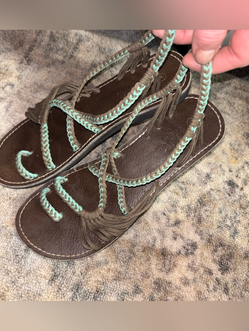 Women's Brown Sandal with Teal Braided Straps